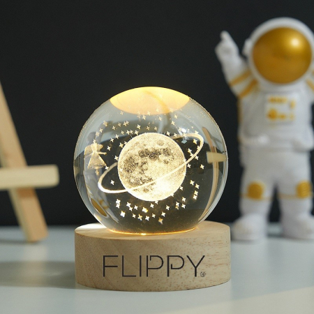 Lampa LED Decorativa, , cu Bila de Cristal cu Diametru 6cm, Model Cer Instelat 3D, Alimentare USB, Suport din Lemn, Lumina Alb Cald [6]