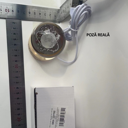 Lampa LED Decorativa, , cu Bila de Cristal cu Diametru 6cm, Model Cer Instelat 3D, Alimentare USB, Suport din Lemn, Lumina Alb Cald [9]