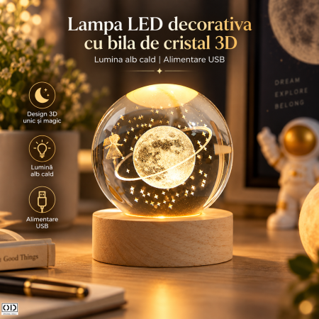 Lampa LED alb cald cu model cer instelat 3D si suport din lemn ORIGINAL DEALS