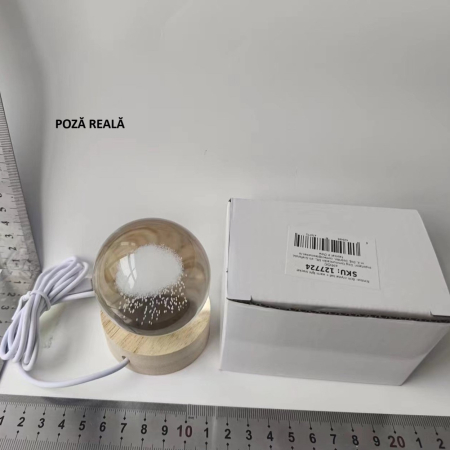 Lampa LED Decorativa, , cu Bila de Cristal cu Diametru 6cm, Model Nor Ploios 3D, Alimentare USB, Suport din Lemn, Lumina Alb Cald [5]