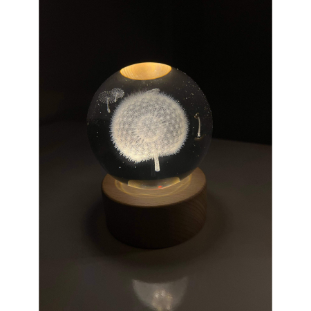 Lampa LED Decorativa, , cu Bila de Cristal cu Diametru 6cm, Model Papadie 3D, Alimentare USB, Suport din Lemn, Lumina Alb Cald [8]