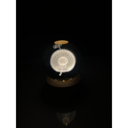Lampa LED Decorativa, , cu Bila de Cristal cu Diametru 6cm, Model Papadie 3D, Alimentare USB, Suport din Lemn, Lumina Alb Cald [7]
