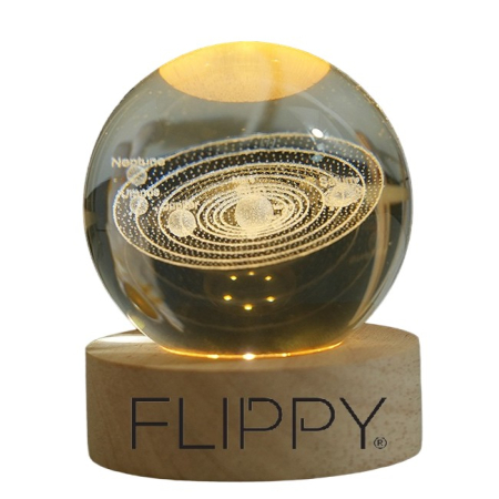 Lampi de veghe - Lampa LED Decorativa, , cu Bila de Cristal cu Diametru 6cm, Model Sistemul Solar 3D, Alimentare USB, Suport din Lemn, Lumina Alb Cald