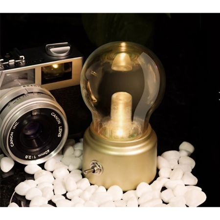 Lampa LED Decorativa sub forma de Bulb, Retro pentru interior, Bej/ Transparent, 5 V, 500 mA, ABS, Lumina Calda, Incarcare USB, Autonimie 12 Ore, Comutator Metalic, , 11x7x6 cm [3]
