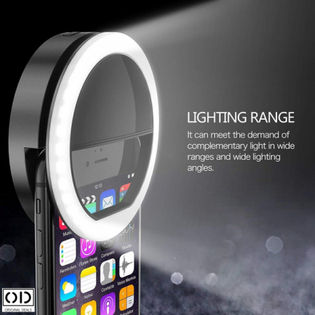 Selfie Ring Lampa cu Lumina LED pentru Foto Video sau Live - Baterie Reincarcabila Lithium, 3 Intensitati de Lumina, Suport Prindere pe Telefon Smartphone si Cablu Micro USB