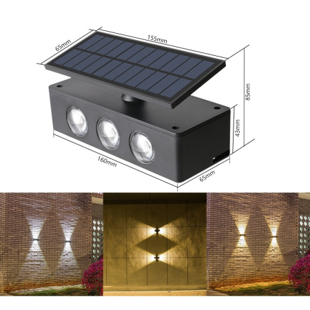 Lampa solara LED bidirectionala , cu panou ajustabil, comutator culoare lumina, pentru perete, scari, gradina, terasa, 16 x 6.5 cm, 6 LED-uri, material ABS, baterie 3.7 V, 1200mah, multicolor [3]