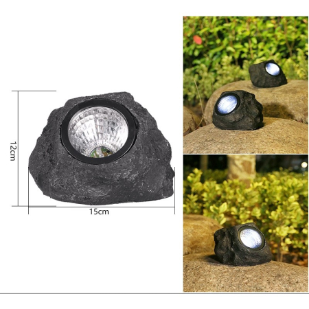 Lampa solara LED decorativa pentru gradina , imitatie piatra, lumina puternica 4 LED-uri, 12 x 15 cm, material ABS, baterie Ni-MH, 600 mAh, panou solar 2V, lumina alb rece, gri [2]