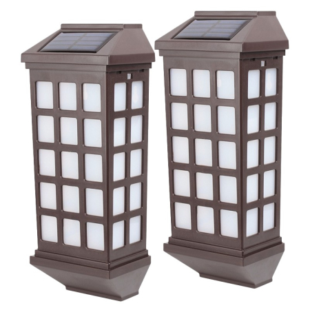 Lampa solara LED tip Felinar pentru perete , Set din 2 Buc, 23 x 9 cm, 1.2V, ABS, 600mAh, Rezistent la Apa, Tip lumina alb cald, Maro [4]