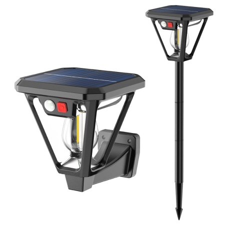 Lampi solare - Lampa Solara LED, , Tip Felinar, pentru Perete/Sol, 10.8 x 12.3 x 46 cm, 3 Moduri, Lumina Calda, din ABS si PP, Negru