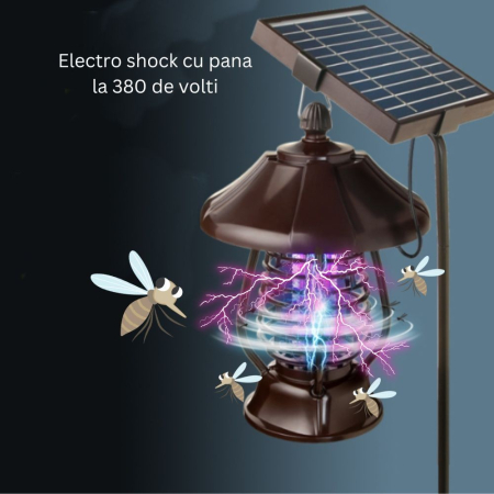 ✨TOATE PRODUSELE✨ - Lampa solara pentru gradina, anti-insecte, tantari, muste, UV, LED, material ABS, putere 5W, 1.2 V, autonomie 8 ore, 2 moduri de functionare, IP65, electric shock 380 volti, 30 x 19.5 cm, maro