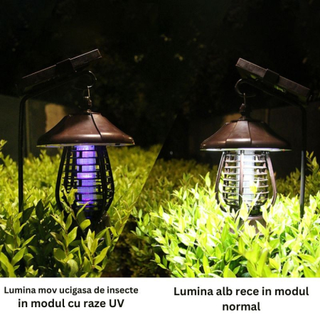Lampa solara pentru gradina, anti-insecte, tantari, muste, UV, LED, material ABS, putere 5W, 1.2 V, autonomie 8 ore, 2 moduri de functionare, IP65, electric shock 380 volti, 30 x 19.5 cm, maro [10]