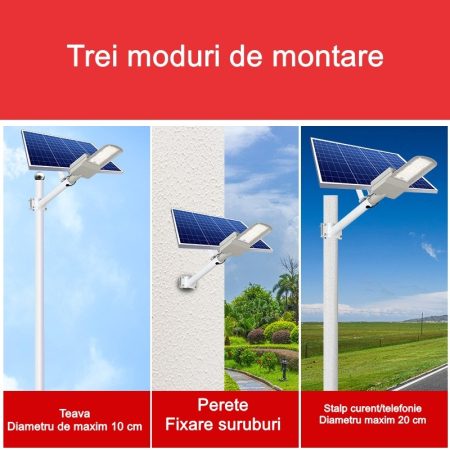Lampa solara pentru strada sau gradina , IP65, senzor de lumina, 100 LED-uri SMD, 3150 lm, 500W autonomie 12-16 ore, telecomanda, montare prin fixare, pentru strada sau gradina, finisaj mat, material ABS, 51.5 x 21 x 7.5, lumina alb rece, gri [6]
