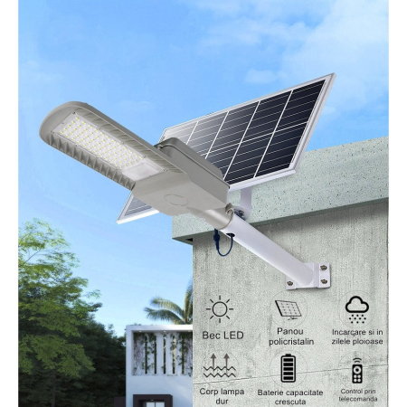Lampa solara stradala , IP65, senzor de lumina, 60 LED-uri SMD, 2250 lm, panou 25W, putere 200W, autonomie 12-16 ore, telecomanda, montare prin fixare, pentru strada sau gradina, finisaj mat, material ABS, 51.5 x 21 x 7.5, gri [3]