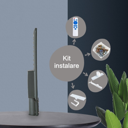 Lampa solara stradala , IP66, senzor de lumina, 120 LED-uri SMD, 1800 lm, panou 20W, putere 100W, autonomie 12-16 ore, telecomanda, montare prin fixare, pentru strada sau gradina, finisaj mat, material ABS, 49 x 21 x 5.5 cm, gri [3]