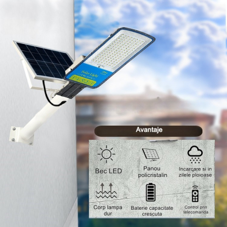 Lampa solara stradala , IP66, senzor de lumina, 240 LED-uri SMD, 3200 lm, panou 35W, putere 400W, autonomie 12-16 ore, telecomanda, montare prin fixare, pentru strada sau gradina, finisaj mat, material ABS, 49 x 21 x 5.5 cm, gri [1]