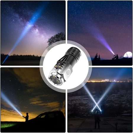 Lanterna cu 3 Nuclee Led, , Incarcare USB, Autonomie 4-20h, Raza Maxima 100-200 m, 5W, 4 x 4 x 9 cm, Suport de Agatat, Fund Magnetic, Argintiu [3]