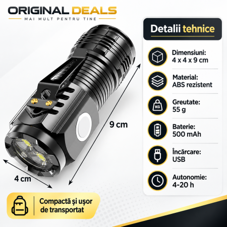 Lanterna LED ORIGINAL DEALS 5W, 500 lm, USB, magnet, IPX4, 5 moduri, negru [11]