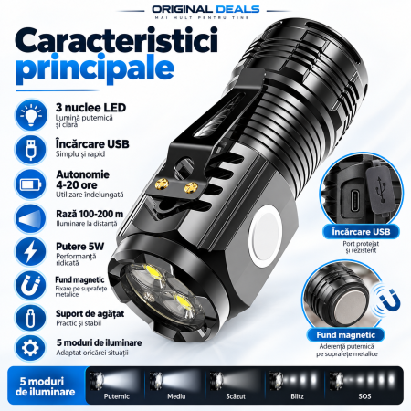 Lanterna LED ORIGINAL DEALS 5W cu acumulator si fund magnetic