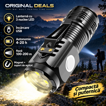 Climatizare & Iluminare LED - Lanterna LED ORIGINAL DEALS 5W, 500 lm, USB, magnet, IPX4, 5 moduri, negru