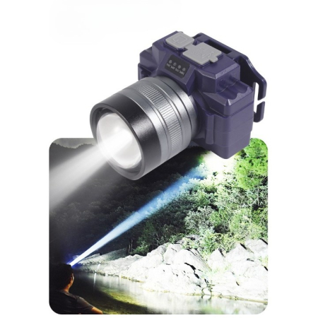 Lanterna LED de Montat pe Cap, , cu Raza Lunga de Zoom, Far Telescopic, Reglabil, Rezistent la Apa, pentru Pescuit in Aer Liber, Camping, Lumina Puternica, Lanterna, 7.5x5x7 cm, Albastru [7]