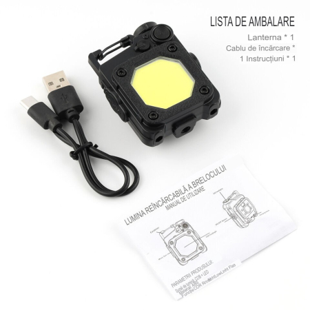 Lanterna Mini de Buzunar Tip Breloc, , Incarcare prin USB Type C, Multifunctionala, pentru Exterior, Camping, Alpinism, Ciclism, Mini Lanterna Elvis, 6.1 x 5 x 2.5 cm, Lumina Puternica, Culoare Negru [2]