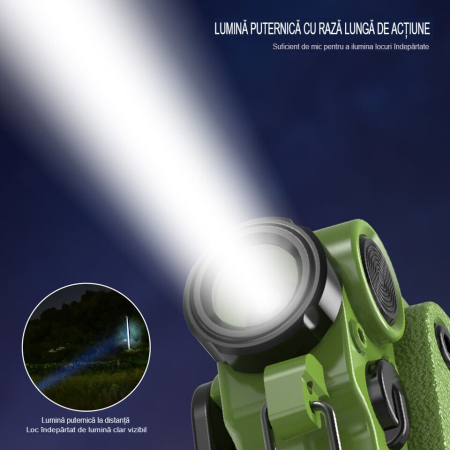 Lanterna Mini de Buzunar Tip Breloc, , Incarcare prin USB Type C, Multifunctionala, pentru Exterior, Camping, Alpinism, Ciclism, Mini Lanterna Elvis, 6.1 x 5 x 2.5 cm, Lumina Puternica, Culoare Verde [1]