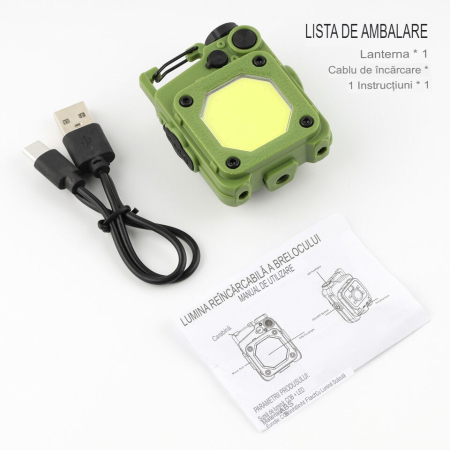 Lanterna Mini de Buzunar Tip Breloc, , Incarcare prin USB Type C, Multifunctionala, pentru Exterior, Camping, Alpinism, Ciclism, Mini Lanterna Elvis, 6.1 x 5 x 2.5 cm, Lumina Puternica, Culoare Verde [6]