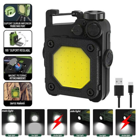 Lanterna Mini de Buzunar Tip Breloc, , Incarcare prin USB Type C, Multifunctionala, pentru Exterior, Camping, Alpinism, Ciclism, Mini Lanterna Elvis, 6.1 x 5 x 2.5 cm, Lumina Puternica, Culoare Negru [1]