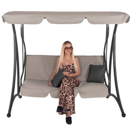 Leagan de gradina 190x115x176 cm, pentru 3 persoane, copertina reglabila, perne incluse, cadru otel si material impermeabil, bej [17]