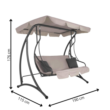 Leagan de gradina 190x115x176 cm, pentru 3 persoane, copertina reglabila, perne incluse, cadru otel si material impermeabil, bej [18]