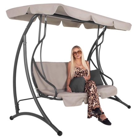 Leagan de gradina 190x115x176 cm, pentru 3 persoane, copertina reglabila, perne incluse, cadru otel si material impermeabil, bej [16]