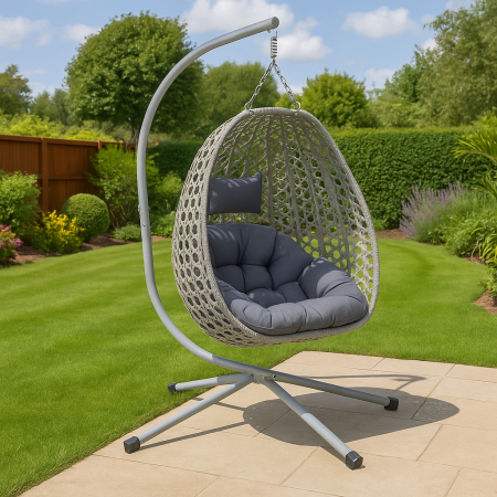 Leagan tip cuib suspendat, cu perna, cadru metalic si cos PE, 103x95x185 cm, gri [7]