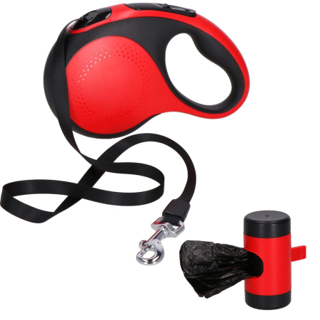 Disponibil livrare locker S - Lesa automata retractabila, pentru rase mari pana la 50kg, 500 cm, suport saci, negru rosu