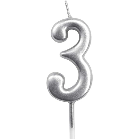 Lumanari si Toppere - Lumanare de Tort, , Model Cifra 3, Party, 4.5 x 2.5 cm, din Parafina, Argintiu