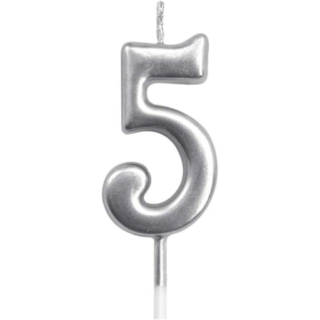 Lumanari si Toppere - Lumanare de Tort, , Model Cifra 5, Party, 4.5 x 2.5 cm, din Parafina, Argintiu