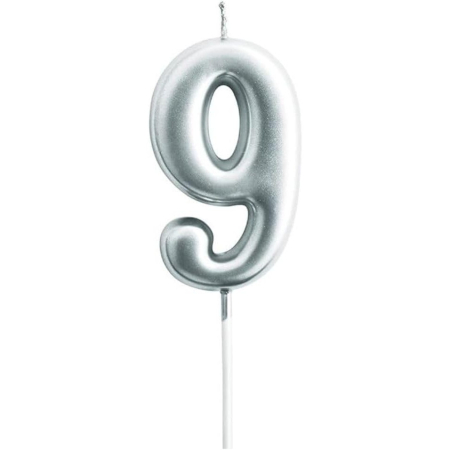 Lumanari si Toppere - Lumanare de Tort, , Model Cifra 9, Party, 4.5 x 2.5 cm, din Parafina, Argintiu