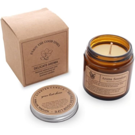 Lumanare Parfumata, , Model Borcan Maro, Aroma de Frezie si Pere, din Ceara Vegetala, 6 x 6.5 x 6.5 cm, Maro [3]