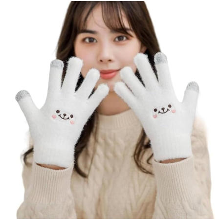 Manusi Dama, , Model Fata Zambitoare, Functie Touchscreen (ecran tactil), Material Lana Brodata, Manseta Elastica, Interior Pufos, Marime Universala, Alb [4]