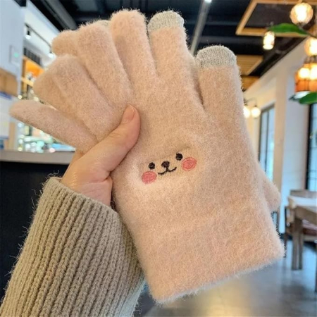 Manusi Dama, , Model Fata Zambitoare, Functie Touchscreen (ecran tactil), Material Lana Brodata, Manseta Elastica, Interior Pufos, Marime Universala, Bej [3]