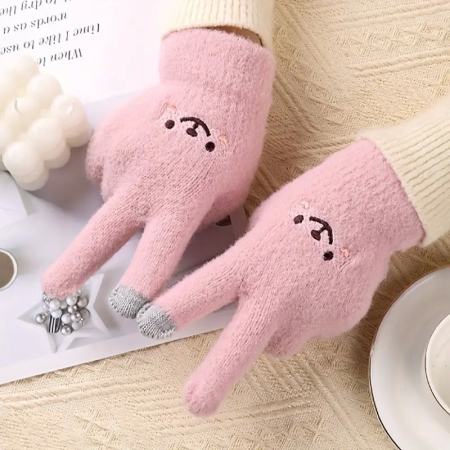 Manusi Dama, , Model Fata Zambitoare, Functie Touchscreen (ecran tactil), Material Lana Brodata, Manseta Elastica, Interior Pufos, Marime Universala, Roz [6]