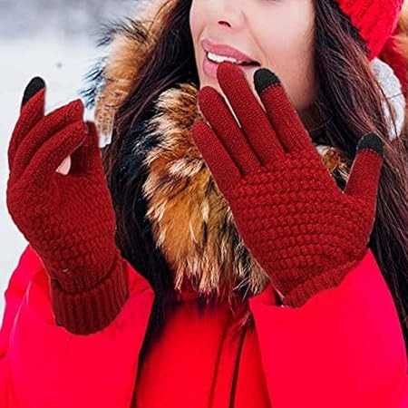 Manusi de Dama, , Functie Touchscreen (ecran tactil), Material Acril Tricotat, Manseta Elastica, Interior Catifelat, Marime Universala, Rosu [4]