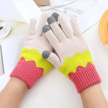 Manusi de Dama, , Model Ondulat, Functie Touchscreen (ecran tactil), Material Acril Tricotat, Manseta Elastica, Interior Catifelat, Marime Universala, Galben/Roz [6]