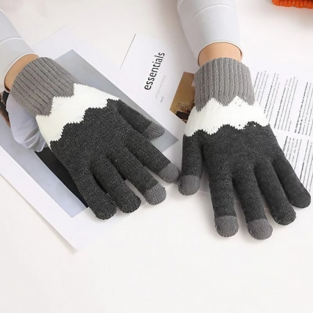 Manusi de Dama, , Model Ondulat, Functie Touchscreen (ecran tactil), Material Acril Tricotat, Manseta Elastica, Interior Catifelat, Marime Universala, Gri/Alb [1]