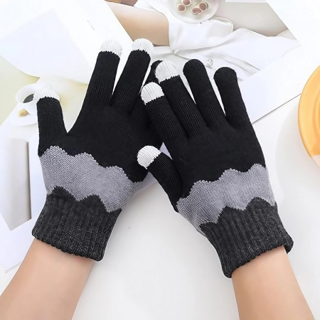 Manusi de Dama, , Model Ondulat, Functie Touchscreen (ecran tactil), Material Acril Tricotat, Manseta Elastica, Interior Catifelat, Marime Universala, Negru/Gri [5]