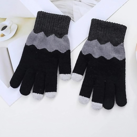Manusi de Dama, , Model Ondulat, Functie Touchscreen (ecran tactil), Material Acril Tricotat, Manseta Elastica, Interior Catifelat, Marime Universala, Negru/Gri [4]