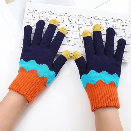 Manusi de Dama, , Model Ondulat, Functie Touchscreen (ecran tactil), Material Acril Tricotat, Manseta Elastica, Interior Catifelat, Marime Universala, Portocaliu/Albastru [6]