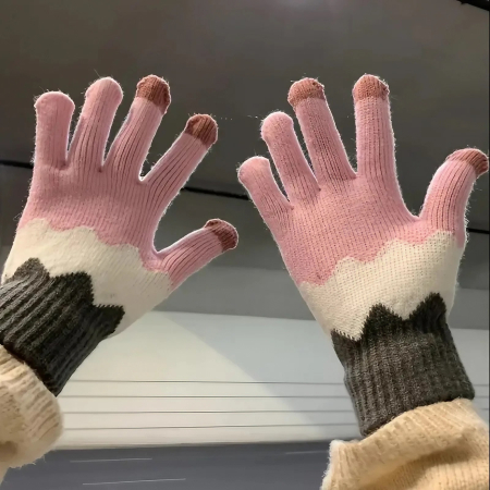 Manusi de Dama, , Model Ondulat, Functie Touchscreen (ecran tactil), Material Acril Tricotat, Manseta Elastica, Interior Catifelat, Marime Universala, Roz/Gri [6]