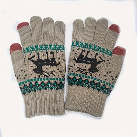 Manusi de Dama, , Model Ren, Functie Touchscreen (ecran tactil), Material Acril Tricotat, Manseta Elastica, Interior Catifelat, Marime Universala, Kaki [7]