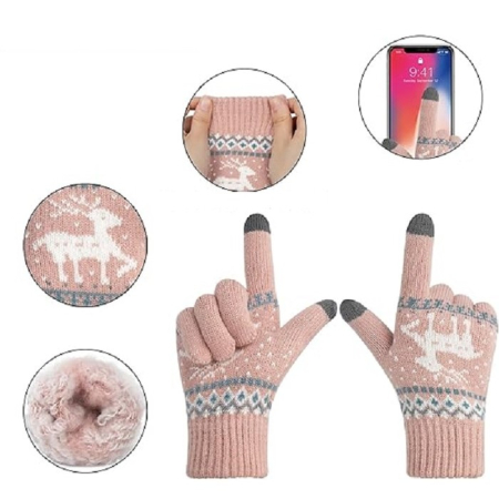 Manusi de Dama, , Model Ren, Functie Touchscreen (ecran tactil), Material Acril Tricotat, Manseta Elastica, Interior Catifelat, Marime Universala, Roz [2]