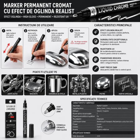 Marker Vopsea Chrome cu Efect Metalic Permanent, Varf Rotund 2mm, Uscare 12H, ORIGINAL DEALS [2]